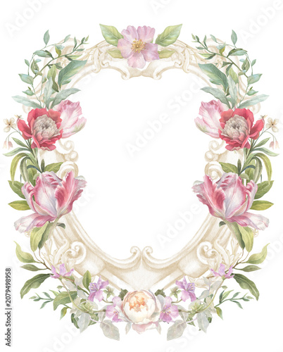 Floral baroque crest, ornate frame, hand-drawn watercolor design