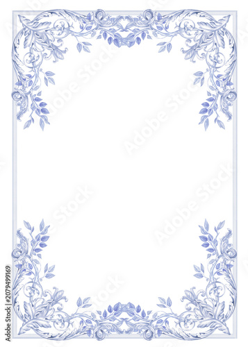 Blue toile frame, chinoiserie watercolor arrangement,  blue floral PNG frame, A4