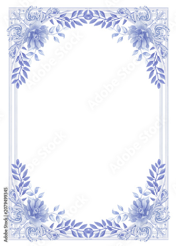 Blue toile frame, chinoiserie watercolor arrangement,  blue floral PNG frame, A4
