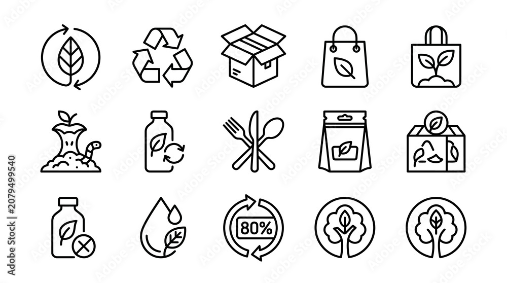 Fototapeta premium Eco-friendly icons: recycling, nature, sustainability, organic, zero waste, compost, reusable