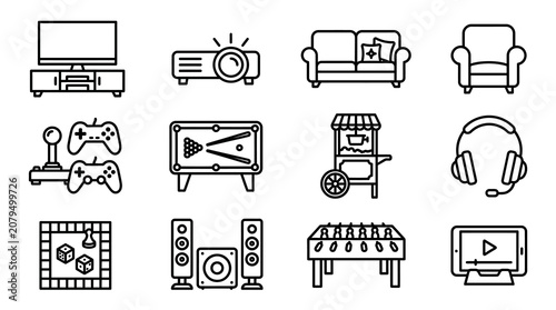 Home Entertainment Icons: TV, Projector, Sofa, Chair, Gaming, Pool, Popcorn, Headphones, Board Game, Audio