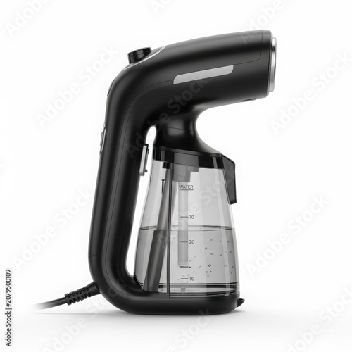 Black handheld garment steamer with clear water tank isolated on white background

