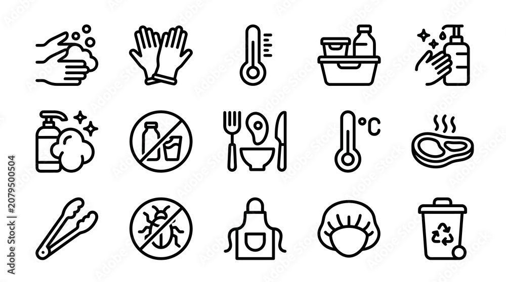 Fototapeta premium Food Safety Icons: Hygiene, Temperature, and Sanitation for Kitchens and Restaurants