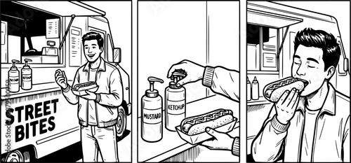 Customer holding a hot dog while standing near a food truck, showcasing bottles of mustard and ketchup on the counter, enjoying a delicious street food experience