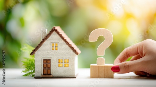 Model House and Wooden Question Mark on Table with Blurred Nature Background