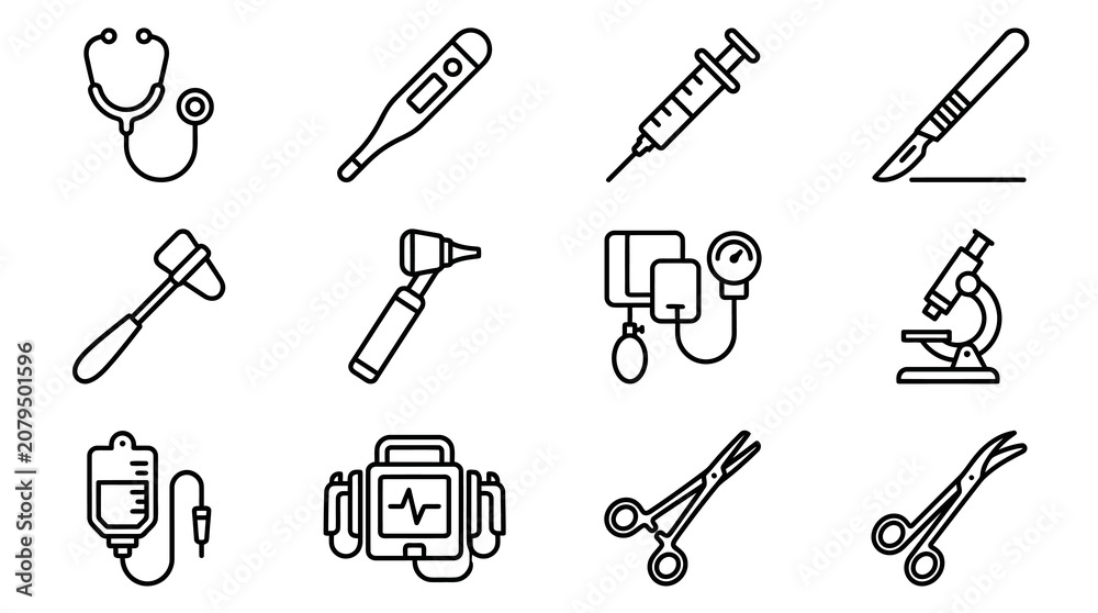 Obraz premium Set of Medical Instruments Icons: Stethoscope, Syringe, Scalpel, Thermometer, ECG, Microscope
