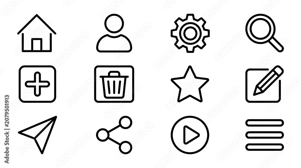 Fototapeta premium Clean Line Icons Set for Web and App Design: Home, User, Settings, Search, Add, Delete, Star, Edit