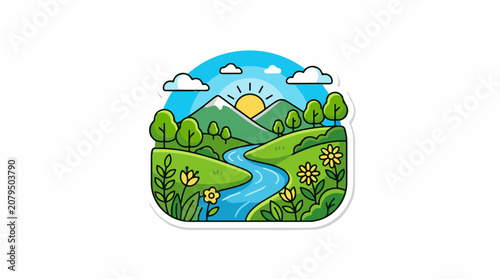 A vibrant simplified landscape illustration with rolling green hills and a flowing blue river