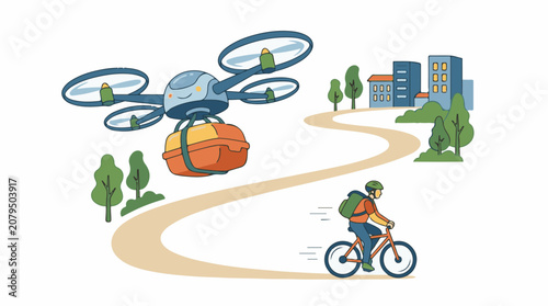 Drone delivers package above cyclist following city path through trees