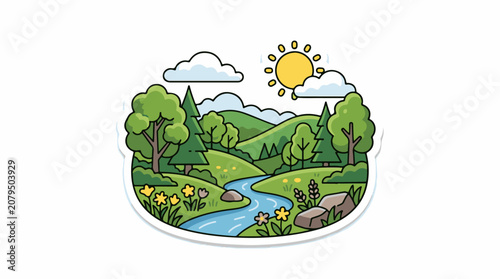 Sunny day in a vibrant green valley with a winding river and trees