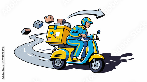 Delivery person on a scooter carrying packages down a winding road