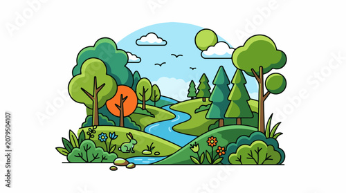 A whimsical woodland scene with a winding blue river and lush green hills