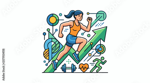 Woman running uphill on growth arrow with abstract geometric graphics