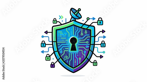 A shield with a keyhole and circuit board design surrounded by locks and arrows
