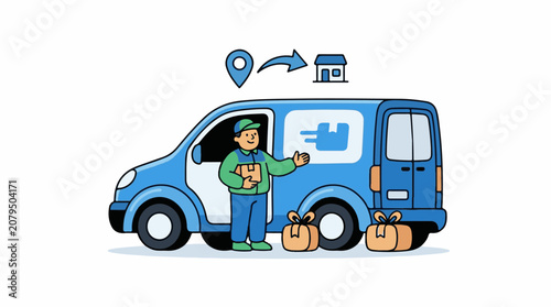 Courier with delivery van and packages shown in illustration
