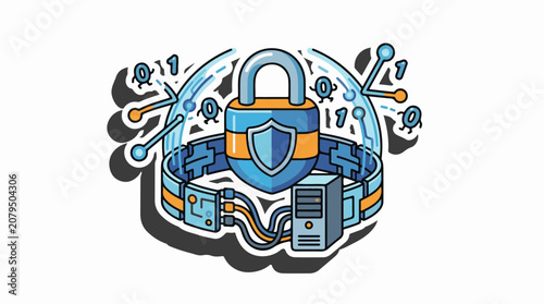 Digital security shield with lock computer and binary code elements