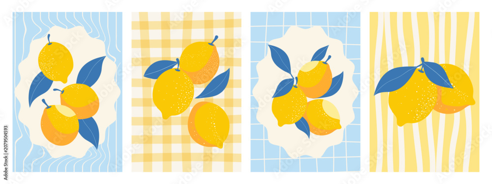 Fototapeta premium Lemon Fruit with Patterned Panels Illustration Set. Juicy lemons with leaves poster set. Mediterranean illustration.