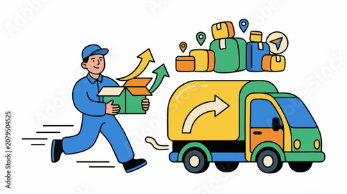 Delivery person running with box towards truck and stacked packages
