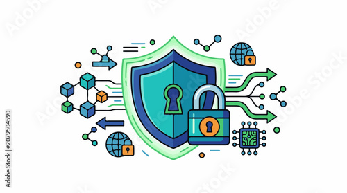 Digital network security shield with padlock and data flow