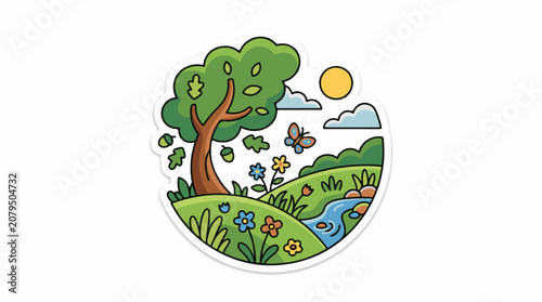 A whimsical nature scene with a tree flowers and a butterfly
