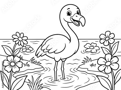 Cartoon flamingo standing in water with flowers and grass around  smiling