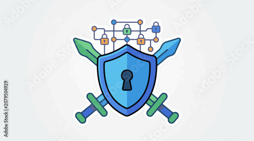 Digital shield with swords and network locks