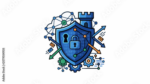 Digital security shield with lock binary code network and data flow
