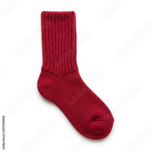 Bright red crew sock with ribbed cuff isolated on white background