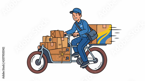 Man on cargo bike delivering packages with speed lines