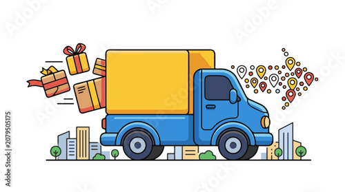 Blue delivery truck carrying gifts with location pins forming an arrow