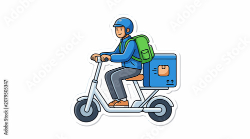 Cartoon person on scooter with delivery box and backpack