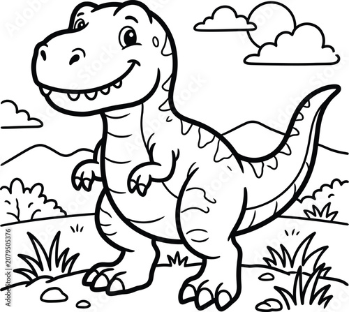 Smiling cartoon t rex in a prehistoric landscape