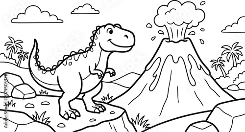 Smiling dinosaur standing beside an erupting volcano