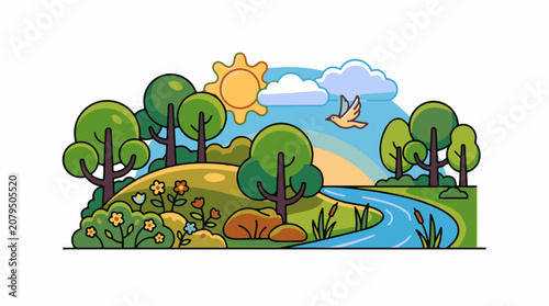 A cheerful stylized natural scene with a flowing river hills and trees