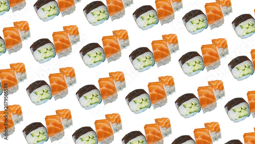 Fotografie Food pattern of tasty pieces sushi on yellow orange gradient