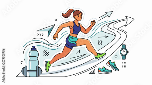 Woman running on a stylized path with fitness accessories