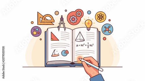 A hand writing in an open math textbook with geometry and science illustrations