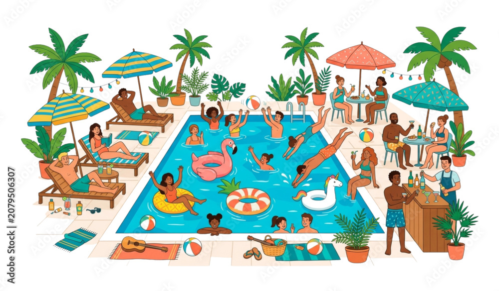 Obraz premium Summer Pool Party Poster with Cartoon People Swimming and Relaxing Flat Vector Illustration