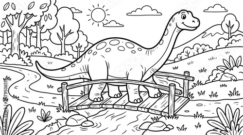 Dinosaur crossing a bridge in a prehistoric landscape