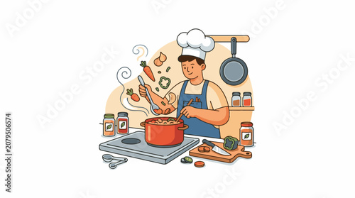 Cheerful chef prepares a colorful meal with floating vegetables