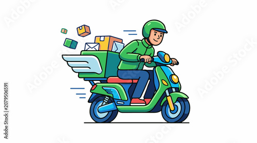 A person in a green helmet and jacket delivers packages on a scooter
