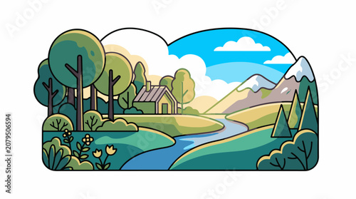 Serene cartoon landscape with a house and river near mountains
