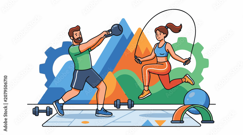 Fototapeta premium Fit couple exercising with kettlebell and jump rope set against mountains