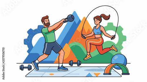 Fit couple exercising with kettlebell and jump rope set against mountains