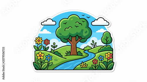 A stylized cartoon meadow with a winding stream and colorful flowers