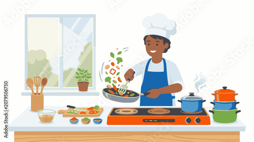 A person in a chef's hat and apron cooks vegetables in a pan