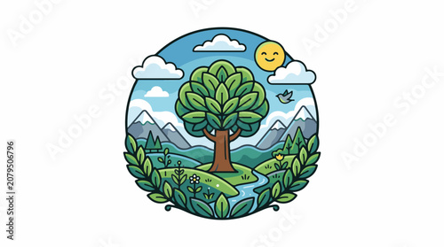 Vibrant stylized circular landscape with a large tree river mountains and sun