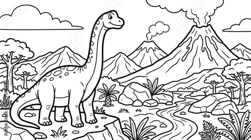 Brachiosaurus and volcanic landscape coloring page for children