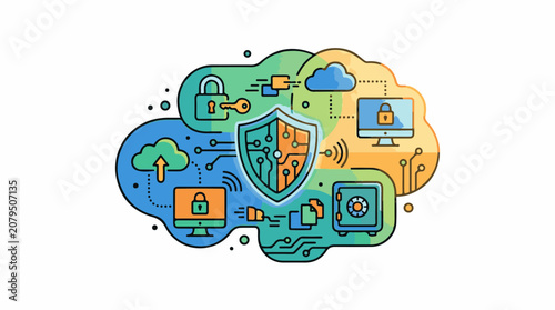 Abstract digital security concepts with shield clouds and devices