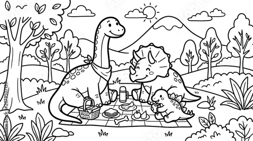Friendly dinosaurs enjoy a picnic in a scenic outdoor setting